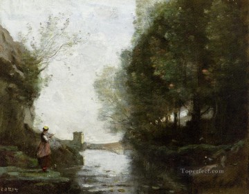 Le cours deau a la tour carree plein air Romanticism Jean Baptiste Camille Corot Oil Paintings